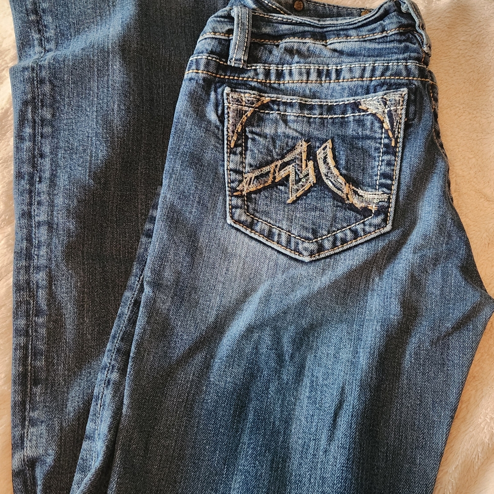 Miss Me Blue Boot Cut Jeans with Ornate Stitching